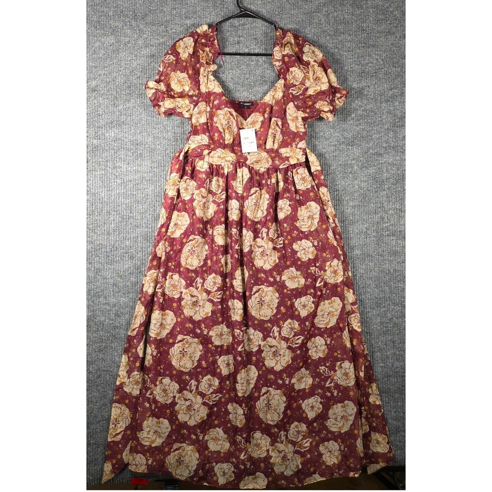 Blu Pepper NWT‎ Floral Maxi Dress Burgundy Puff Sleeve Cottagecore Size L